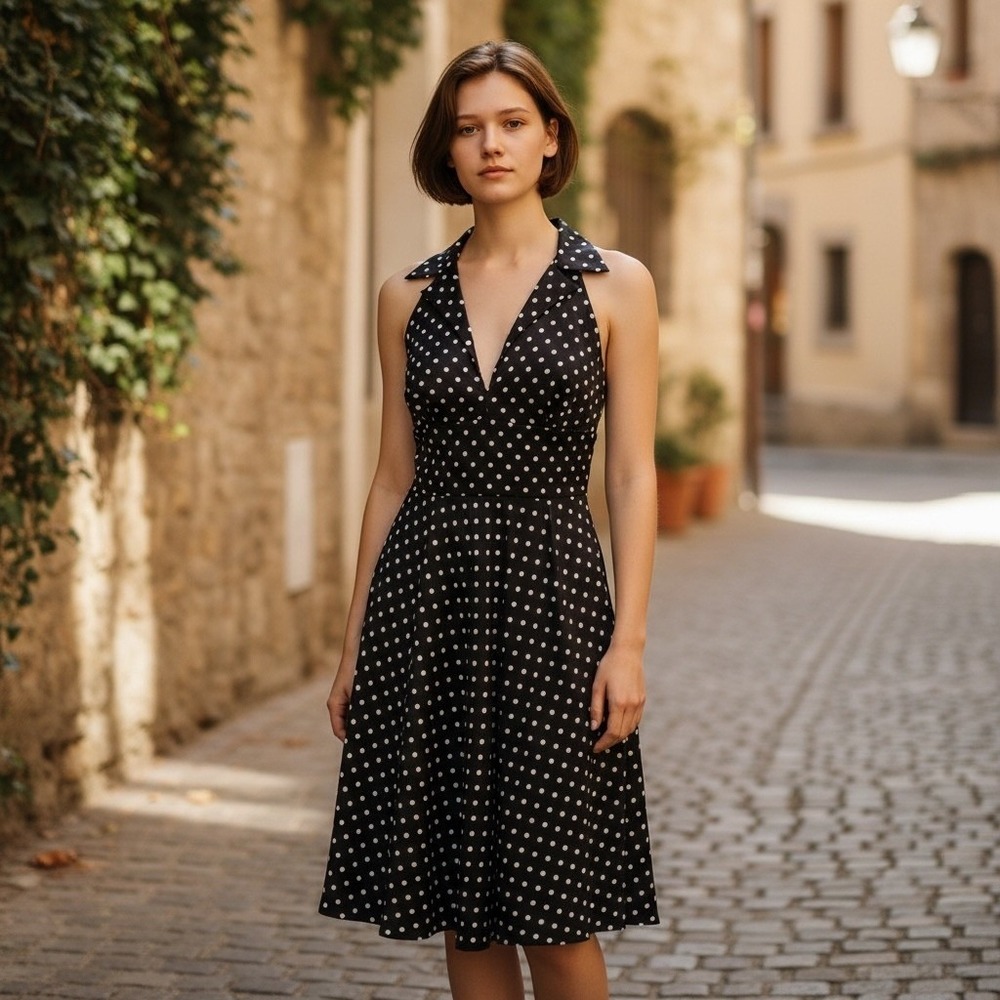 EnFocus Women's Black/White Polka Dot Collared Halter‎ Midi Dress Size 12